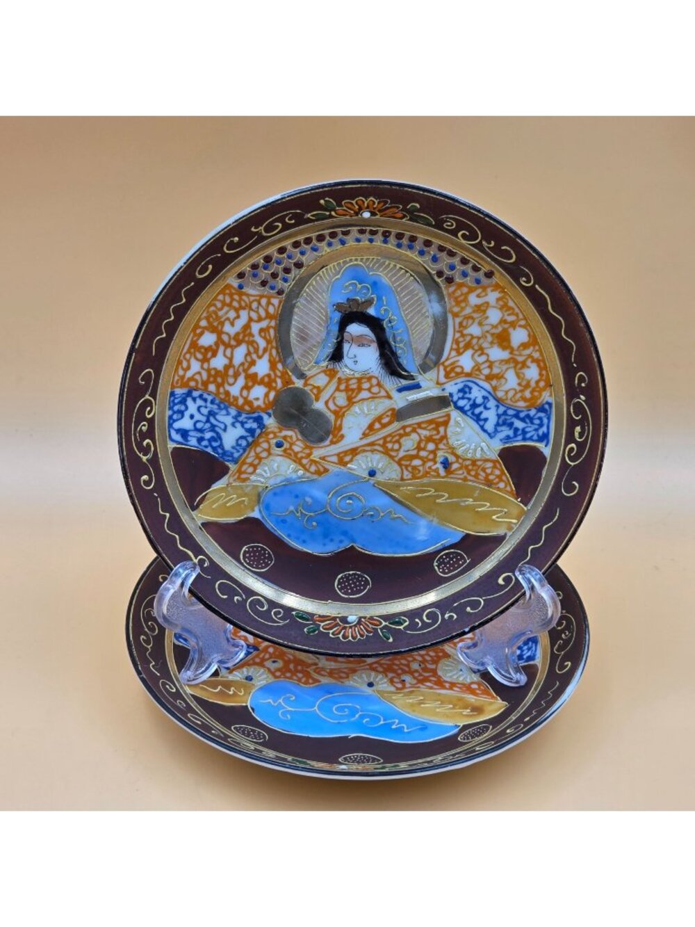 Vintage Japanese Satsuma Moriage Kannon Arhat Hand Painted Saucer Set 2 - Picture 1 of 12